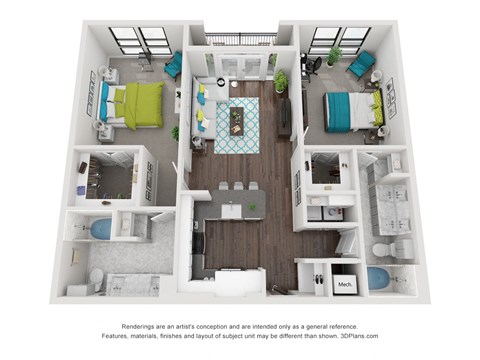 Floor plan for 2 beds, 2 baths, 1169 sqft